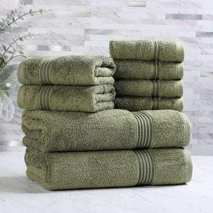 Superior Egyptian Cotton 8-Piece Towel Set, Assorted Towels, Home Bathroom, Master, Guest Bath, Decor Essentials, Includes 2 Bath, 2 Hand, 4 Face Towels/Washcloths, Quick Dry, Absorbent, Forest Green