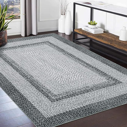 Washable Area Rugs 4x6 Rug for Living Room Indoor Mats for Entryway Soft Bedroom Rug Non Slip Modern Braided Print Area Rug Farmhouse Throw Rugs Low Pile Stain Resistant Carpet 4'x6' Grey
