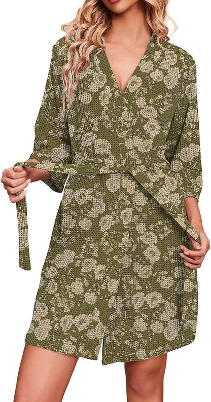 Ekouaer Robes for Women Waffle Knit Bathrobe Soft Lightweight Knee Length Loungewear S-XXL