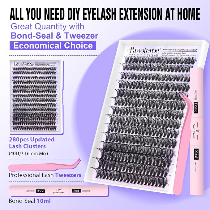 Lash Clusters Kit 40D Individual Lashes Extension Kit DIY 280pcs 9-16mm Cluster Eyelash Extension Kit with Lash Bond and Seal, Lash Tweezers for Self Use (40D, 0.07D, 9-16mm, Kit)