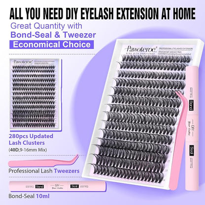 Lash Clusters Kit 40D Individual Lashes Extension Kit DIY 280pcs 9-16mm Cluster Eyelash Extension Kit with Lash Bond and Seal, Lash Tweezers for Self Use (40D, 0.07D, 9-16mm, Kit)