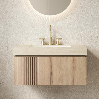 36” Floating Bathroom Vanity with Sink, Wall-Mounted Cabinet with Drawer & Doors, Roma Travertine-Pattern Countertop, Undermount Basin, 3 Faucet Hole, Soft-Close, Pre-Assembled, Light Oak