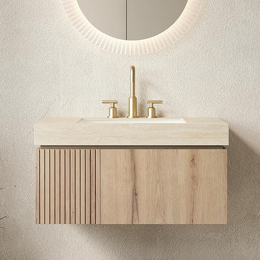 36” Floating Bathroom Vanity with Sink, Wall-Mounted Cabinet with Drawer & Doors, Roma Travertine-Pattern Countertop, Undermount Basin, 3 Faucet Hole, Soft-Close, Pre-Assembled, Light Oak
