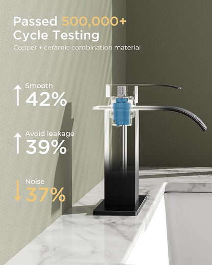 FORIOUS Bathroom Faucet 1 Hole, Waterfall Vanity Sink Faucet Matte Black | Bathroom Sink Faucet 1 or 3 Hole, Square Single Handle with 24" cUPC Supply Line and Pop-up Drain, Fits RV Restroom Basin