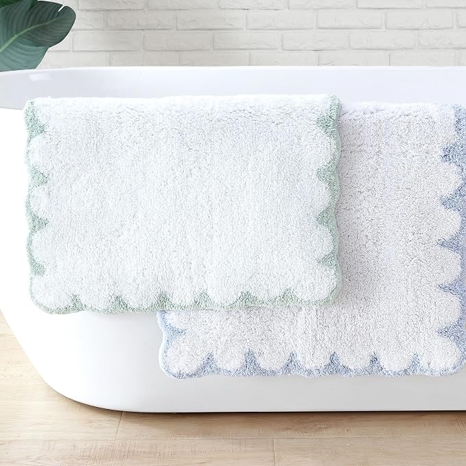 Peri Home Scalloped Bath Rug 20" x 30" White with Blue 1-Piece | Soft & Absorbent, Cotton Tufted, Mat, Scallop