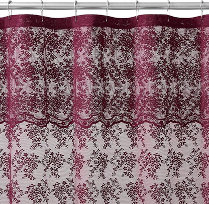 Burgundy Lace Shower Curtain 72x84, 84 Inches Long with Attached Valance | Wine Red Shower Curtain, Magenta Floral Lace Details, Airy Appearance, Vintage Victorian Moody Style forTall Bathrooms