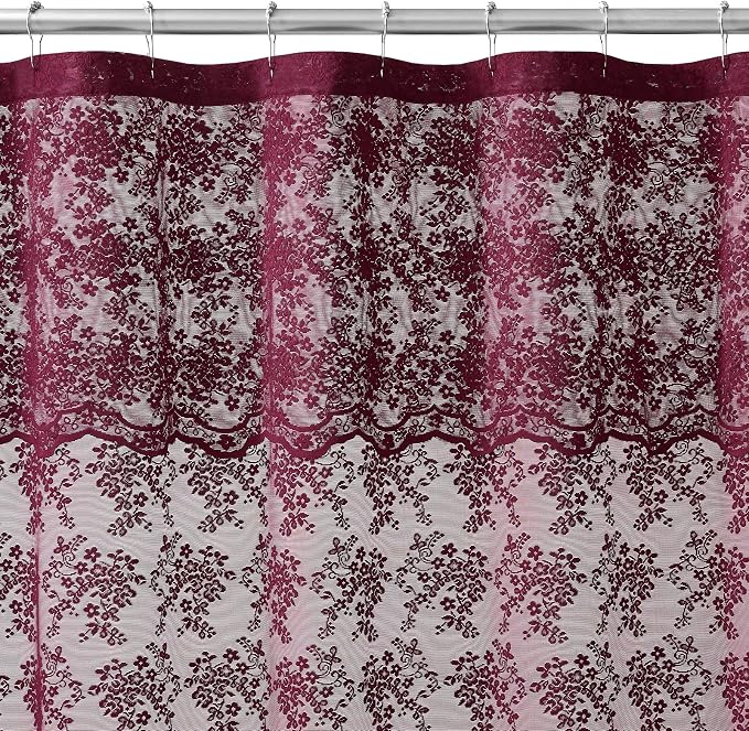 Burgundy Lace Shower Curtain, 72x72, Vintage Floral with Attached Valance | Maroon Shower Curtain with Scalloped Edge, Light Filtering, Adds Vintage Romantic Victorian Charm to Bathroom, Magenta
