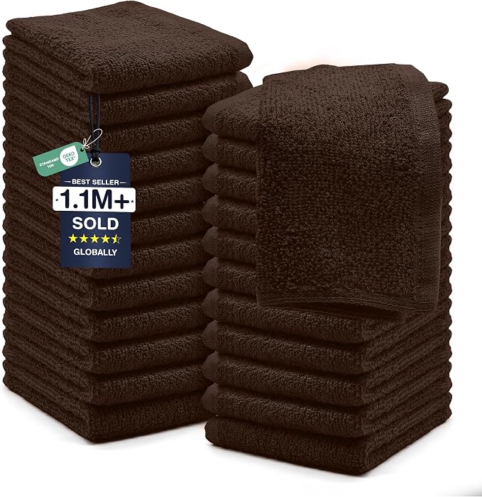 DAN RIVER 24 Pack Cotton Wash Cloths Set for Showering [12x12] Brown | Lighter Weight, Quick to Dry, Super Soft & Absorbent Face Towels, Hotel Quality, Perfect for Bathroom, Gym, Spa