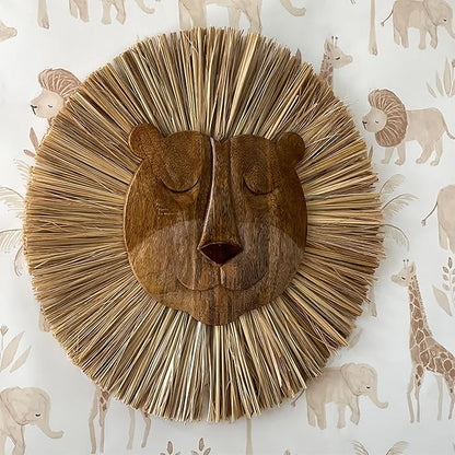 Crane Baby Handmade Wood Animal Safari Wall Art for Nursery Decor, Boho Jungle Theme, for Boys and Girls Lion 21L X 21W Brown