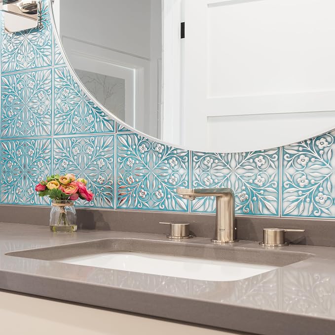 Peel and Stick Metal Tiles, Teal & Silver Leaves, 10-Pack | 8 x 8 in tile size; Covers up to 4.44 sq ft; Aluminum; Water-resistant surface; For kitchens, ceilings, DIY projects