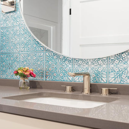 Peel and Stick Metal Tiles, Teal & Silver Leaves, 10-Pack | 8 x 8 in tile size; Covers up to 4.44 sq ft; Aluminum; Water-resistant surface; For kitchens, ceilings, DIY projects
