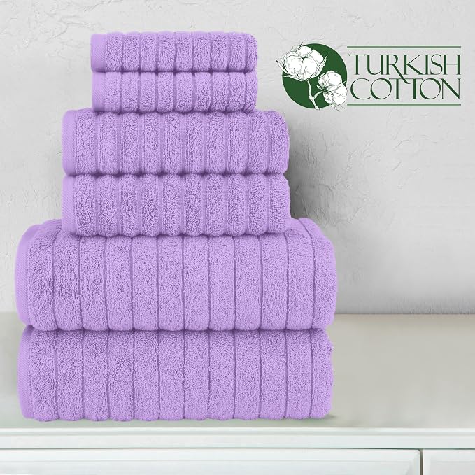 Elegant Comfort 100% Turkish Cotton Corduroy Ribbed Luxury Bath Towels 6-Piece Set, Premium Feel - Quick Dry, Highly Absorbent, Contains 2 Bath Towels, 2 Hand Towels, and 2 Washcloths, Lilac
