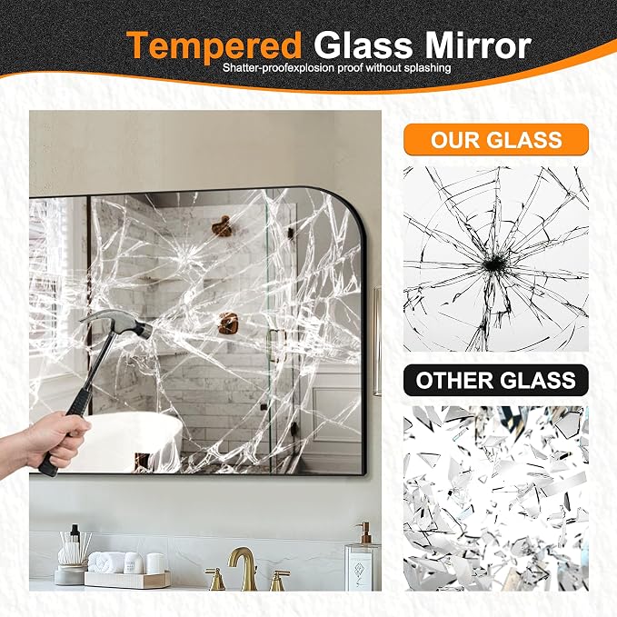 30"x55" Black Metal Framed Bathroom Mirror for Over Sink | Rounded rectangle shape. Shatterproof HD glass, all mounting hardware for bathroom, bedroom, entryway.