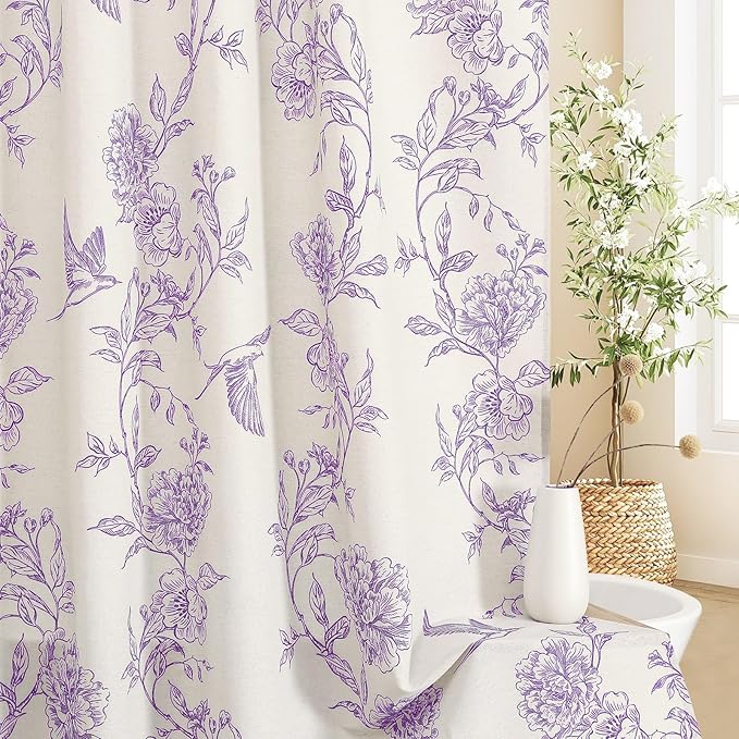 MitoVilla Purple Farmhouse Shower Curtain Set, Cotton Floral Hummingbird Cottagecore Spring Shower Curtains for Bathroom, Modern Country Bathroom Décor, 72" W x 72" L