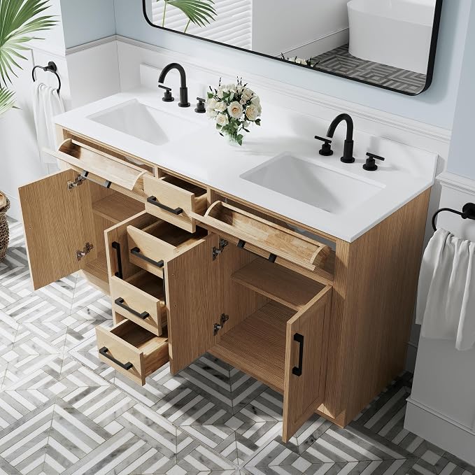 60-Inch Bathroom Vanity with Double Sinks W/ 4 Doors & 4 Drawers & 2 Flip Drawers, Oak Vanity W/Matte Black Handles