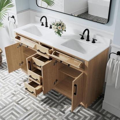 60-Inch Bathroom Vanity with Double Sinks W/ 4 Doors & 4 Drawers & 2 Flip Drawers, Oak Vanity W/Matte Black Handles