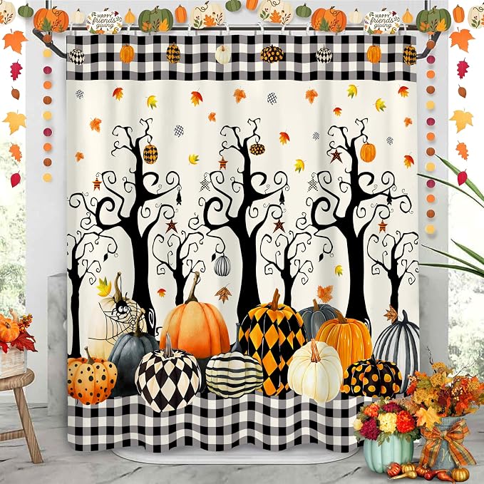 Halloween Shower Curtain Set Pumpkin Tree Leaves Buffalo Plaid Shower Curtains Waterproof Fabric Bath Curtains with 12 Hooks for Fall Halloween Bathroom Decor, 72 x 72 Inches