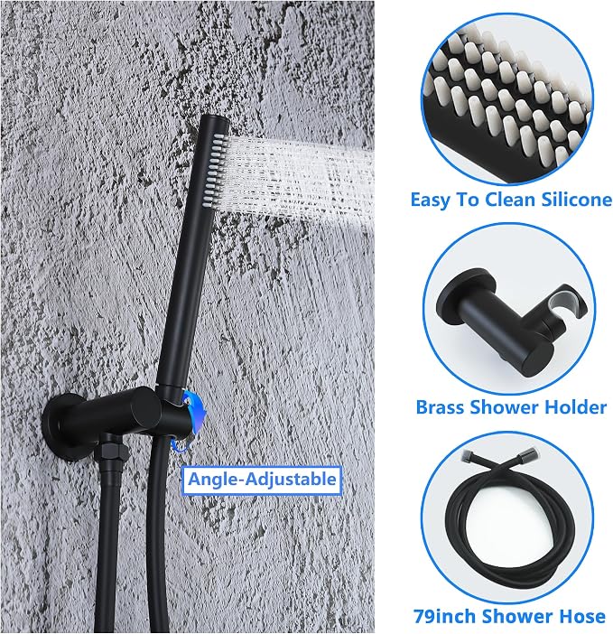 SKOWLL Black Round Rainfall Shower Head and Handle Set, Ceiling Mounted Shower Fixtures, Shower Faucet Trim Repair Kits (With Shower Valve)