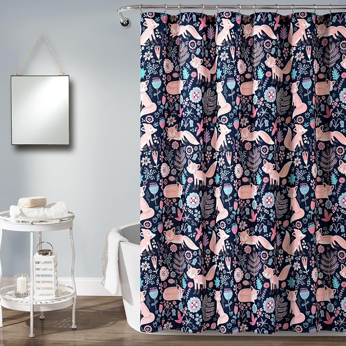 Lush Decor Pixie Fox Shower Curtain, 72" W x 72" L, Navy & Pink - Pink Shower Curtain - Fun Kids Floral & Animal Bathroom Decor