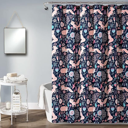 Lush Decor Pixie Fox Shower Curtain, 72" W x 72" L, Navy & Pink - Pink Shower Curtain - Fun Kids Floral & Animal Bathroom Decor
