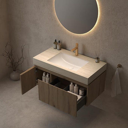 LKTART Floating 36 Inch Bathroom Vanity with Sink, Modern Plywood Wall Mounted Bathroom Storage Cabinet with 1 Door and 1 Drawer, Roma Travertine-Pattern Sintered Stone Countertop and Ceramic Basin