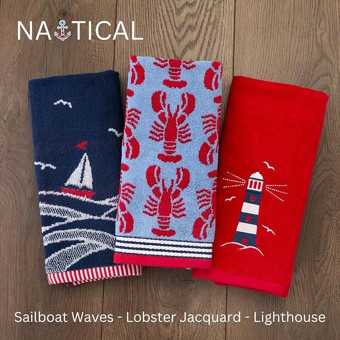 SKL Home Nautical Sailboat Waves Hand Towel Set-2pc, 100% Cotton, Navy | Plush, absorbent & reversible. Great for everyday & coastal/beach décor in the bathroom, kitchen, bar or any sink space.