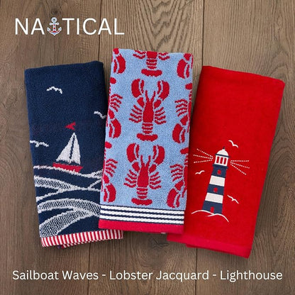 SKL Home Nautical Lighthouse Hand Towel Set-2pc, 100% Cotton, Red | Decorative embroidery for everyday & coastal/beach décor. Can be used in the bathroom, kitchen, bar or any sink space.
