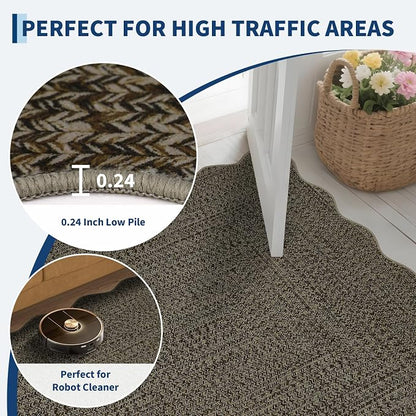 Imitation Braided Collection-Print Large Washable Rug 9x12 Non-Slip Rugs for Living Room, Natural Bordered Carpet, Stain Resistant Thin Foldable Floor Cover Bedroom for Nursery Dining Room