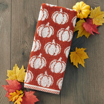 SKL Home Fall/Thanksgiving Pumpkin Hand Towel Set-2pc, Jacquard, Spice | 100% Cotton. Soft, absorbent & reversible. For use in the bathroom, kitchen or bar & gifting.
