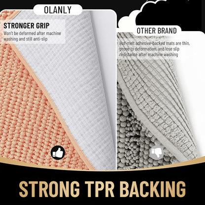 OLANLY Thick Chenille Bathroom Runner Rugs 44x24, Absorbent Bath Mat, Peach | Soft Bath Rugs, Rubber Backing, Machine Wash Dry, Bath Mats for Bathroom, Tub and Shower, Home Decor Accessories