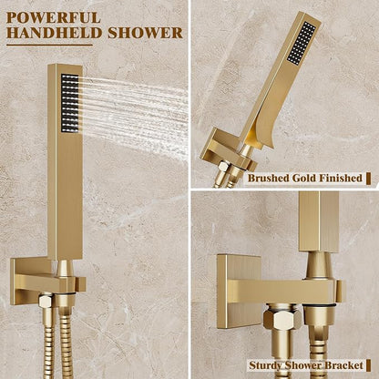 Alesco Shower System, Gold Shower Faucet Set with 10-Inch High-Pressure Rainfall Showerheads and Handheld Spray combo, Showerfixture Include Valve and Trim Kit, Brushed Gold