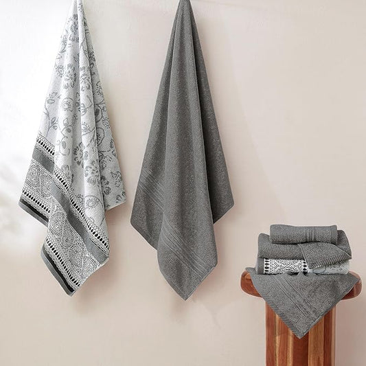 Modern Threads Floral Trail 6-Piece 100% Cotton Towel Set – Reversible Yarn Dyed Jacquard – Includes 2 Bath Towels, 2 Hand Towels, 2 Washcloths – Absorbent, Quick Dry, Soft & Durable – Gray