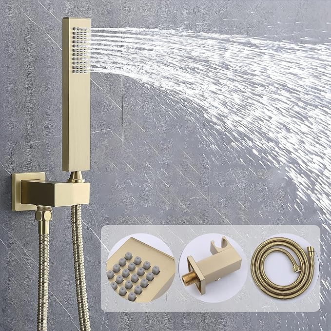Temperature Display Shower Faucet Set Brushed Gold Shower System with 14X20 inch Rainfall Shower & Waterfall Modes, Handheld Spray