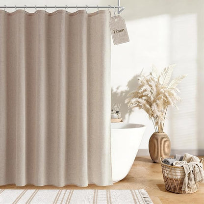 Extra Long Linen Shower Curtain for Bathroom 80 Inch Sand Beige | Weighted Fabric Bath Curtains with Hooks, Water Repellent, Neutral Boho Farmhouse, Simple Luxury Shower Decor, 1 Panel, 72x80