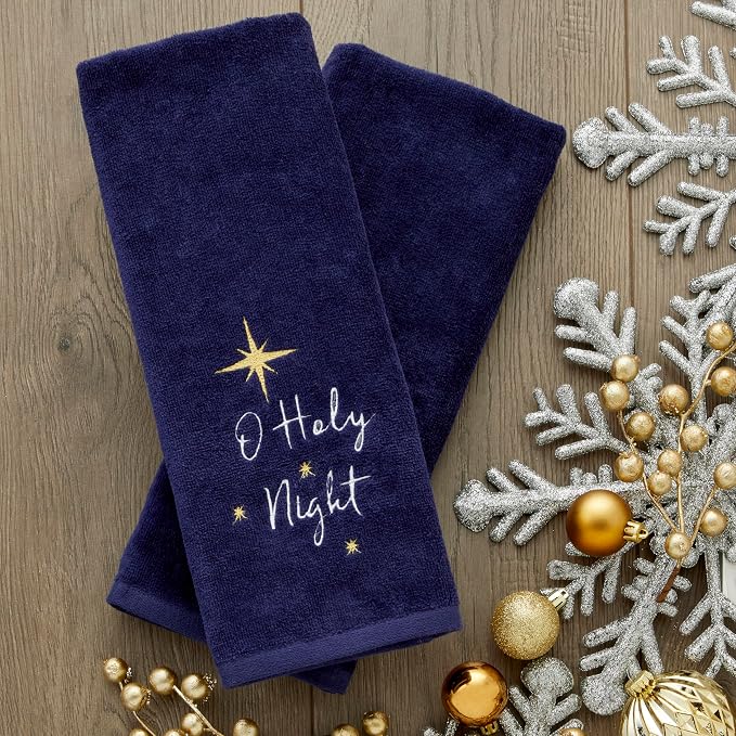 SKL Home Religious/Christmas/Winter O Holy Night Hand Towel 2pc Set for Bath/Kitchen & Gift, Navy