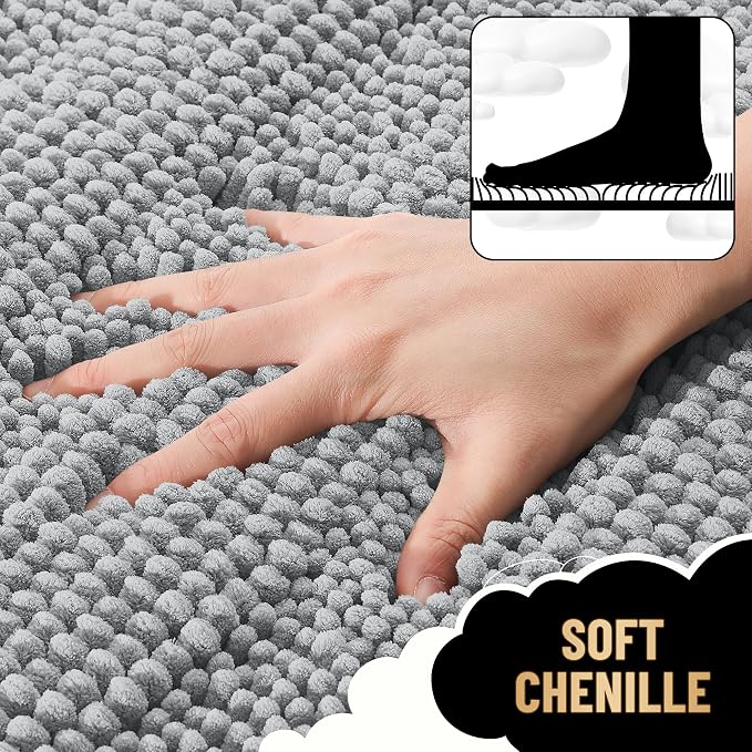 OLANLY Thick Bathroom Runner Rugs 47x24, Chenille Bath Rugs, Light Grey | Absorbent Striped, Rubber Backing, Machine Wash, Long Bath Mats for Bathroom Floor, Tub and Shower, Home Decor Accessories