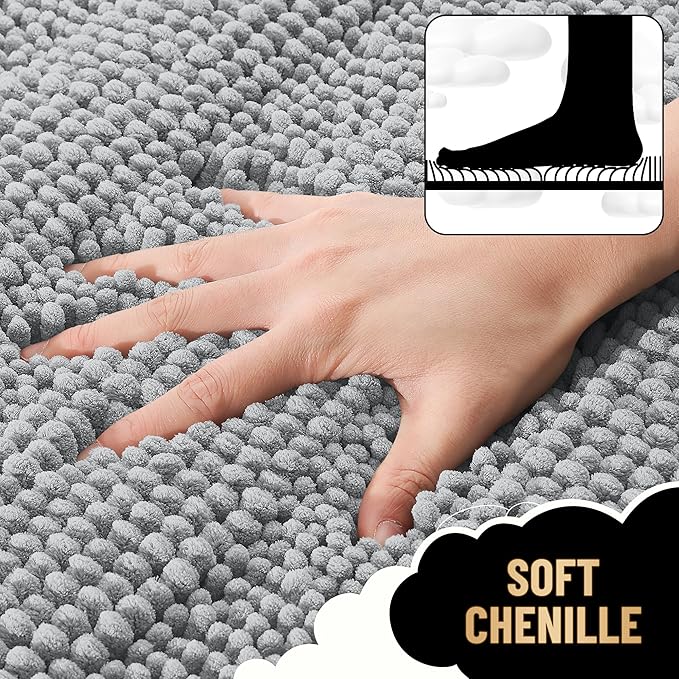 OLANLY Thick Small Bathroom Rugs 24x16, Soft Chenille Bath Rugs, Light Grey | Rubber Backing, Machine Wash, Extra Absorbent Striped Bath Mats for Bathroom Floor, Tub and Shower, Home Decor Accessories