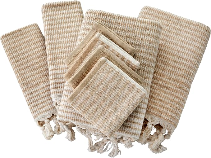 SKL Home Longborough Bath Towel Set-8pc, 100% Turkish Cotton, Tan | 2 Bath towels, 2 hand towels, 4 washcloths. 640-520 GSM weight. Spa-level quality. Soft & absorbent jacquard with tassels.