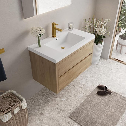 Modern 36" Wall-Mounted Bathroom Vanity with Sink | Floating Storage Cabinet, Stone Resin Countertop, Soft Close Drawers | Natural Oak