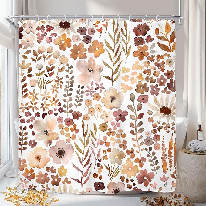 Fall Autumn Cute Floral Flower Nature Rustic Bathroom Shower Curtain Set | 72"W x 72"H Watercolor Botanical; waterproof HD print, quick-dry fabric with 12 hooks for easy hanging.