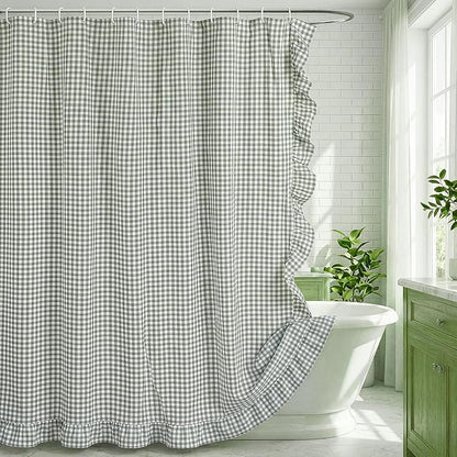 HunnmingRe Ruffled Gingham Shower Curtain Sage Green | 72'' x 72'' Vintage Farmhouse Curtain, Cotton Cottage Core Rural Checkered Plaid Decor, Fall Shower Curtain for Bathroom