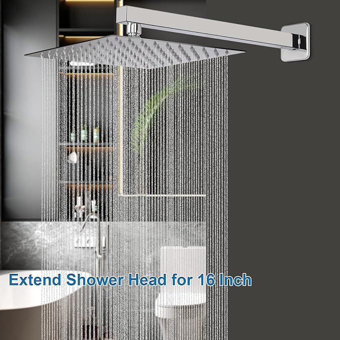 Shower Head with Extension Arm, High Pressure Square with ShowerArm, Stainless Steel Rainfall -Waterfall Full Body Coverage (10'' Shower with 16'' Arm, Chrome)