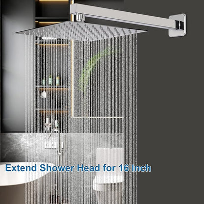Shower Head with Extension Arm, High Pressure Square with ShowerArm, Stainless Steel Rainfall -Waterfall Full Body Coverage (10'' Shower with 16'' Arm, Chrome)