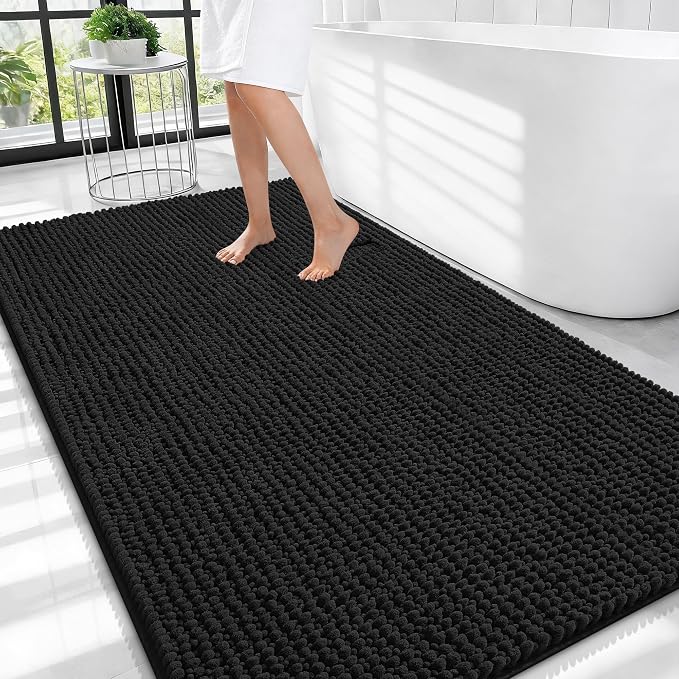 OLANLY Thick Chenille Large Bathroom Rugs 44x32, Absorbent Bath Mat, Black | Soft Bath Rugs, Rubber Backing, Machine Wash Dry, Bath Mats for Bathroom, Tub and Shower, Home Decor Accessories