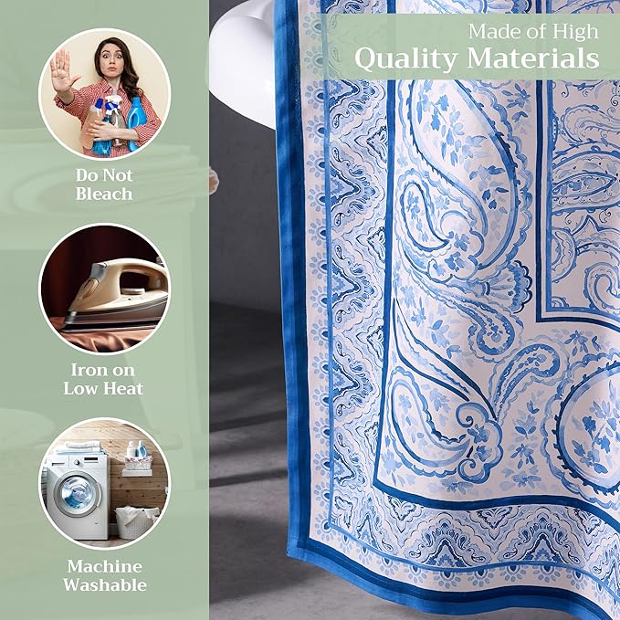 Maison d' Hermine Shower Curtain 100% Cotton One Panel 70"x72" Washable Fabric Shower Curtains for Bathroom, Easy Hanging with 12 Button Holes -Hotel Spa Easter Gifts (Palatial Paisley - Blue)