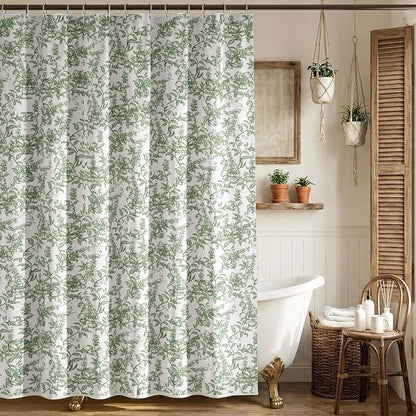 Farmhouse Sage Green Floral Shower Curtain with 12 Clear Rings 72"W x 72"L | Boho Fabric Shower Curtain Set, Vintage Cottagecore Shower Curtain for Bathroom