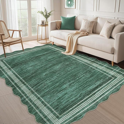 Garvee Scalloped Rug 9x12 Green Washable Rug for Living Room | Girls Rug for Bedroom Non-Slip Soft Carpet for Bedroom, Scalloped Low-Pile Print Accent Rug for Dining Room Home Office