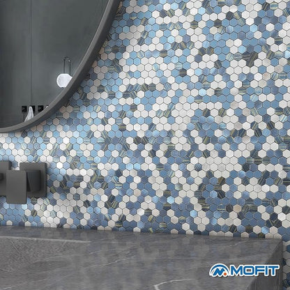 Stripe Hexagon Backsplash Tile Peel and Stick Blue 10pcs