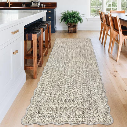 Imitation Braided Collection-Print Washable Runner Rug 2x8 Non Slip Bathroom Rug Scalloped Soft Farmhouse Throw Rugs Kitchen Runner Stain Resistant Carpet for Hallway Entryway Rugs