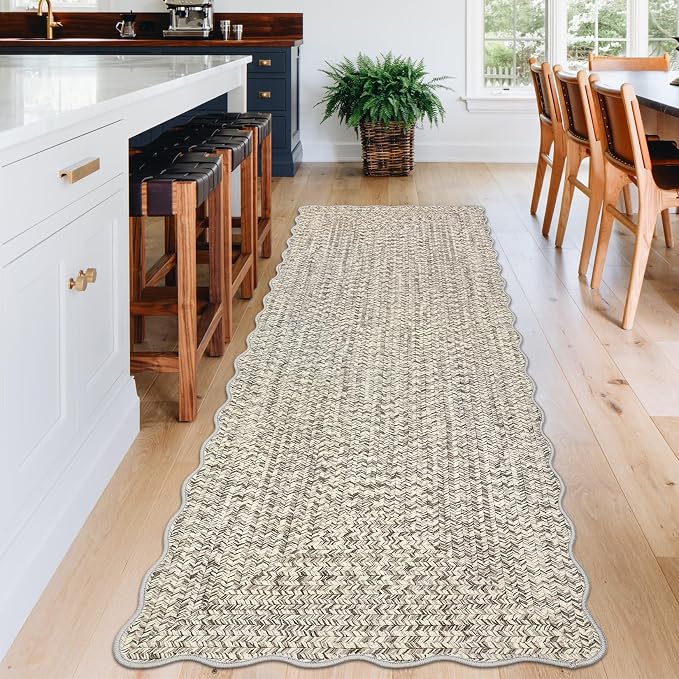 Imitation Braided Collection-Print Long Hallway Runners 2x10 Washable Area Rug, Farmhouse Rustic Bordered Area Rug Non Slip Soft Low Pile Indoor Carpet Runners for Entryways, Laundry Room